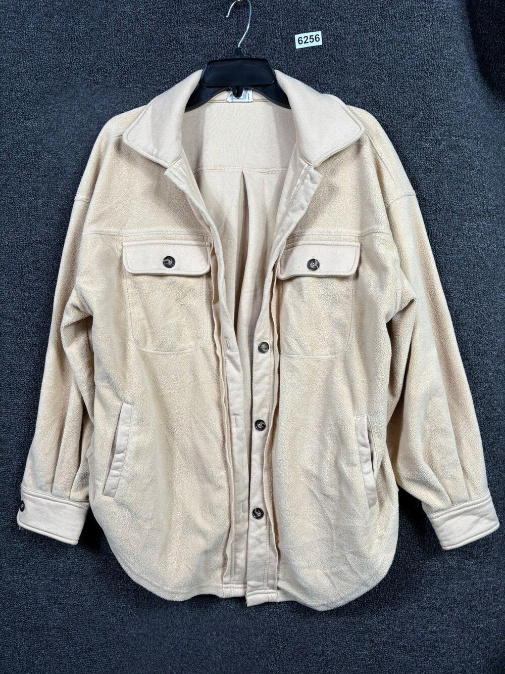 BIBI Fleece Jacket Womens Size Small Beige Button Front Oversized Pockets Casual